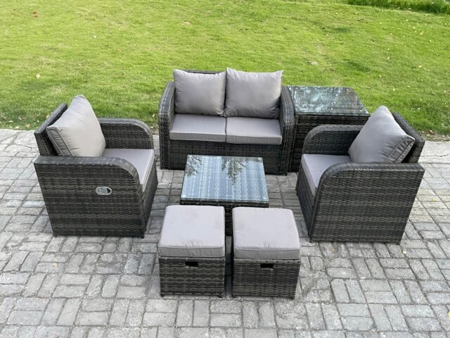 Rackhams Wicker PE Rattan Garden Furniture Set Outdoor Lounge Sofa Set with Love Sofa Square Coffee Table Side Table 2 Small Footstool Dark Grey Mixed - image 1