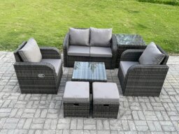 Rackhams Wicker PE Rattan Garden Furniture Set Outdoor Lounge Sofa Set with Love Sofa Square Coffee Table Side Table 2 Small Footstool Dark Grey Mixed - thumbnail 1