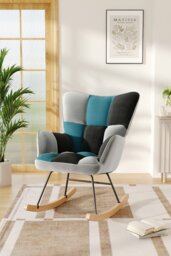 Rackhams Blue Grey Black Check Tufted Linen Patchwork Rocking Chair - Multi - thumbnail 1