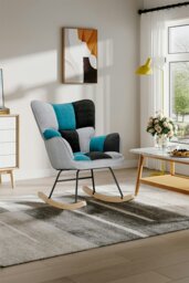 Rackhams Blue Grey Black Check Tufted Linen Patchwork Rocking Chair - Multi - thumbnail 2