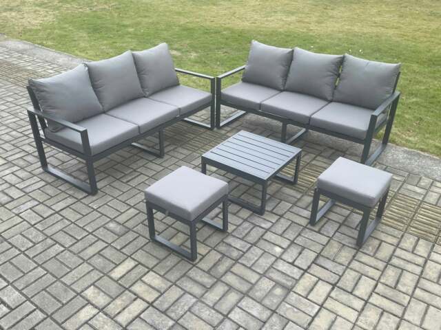Rackhams Aluminium 5 Pieces Garden Furniture Sofa Set with Cushions 8 Seater Outdoor Patio Set with Square Coffee Table 2 Small Footstools Dark Grey - image 1
