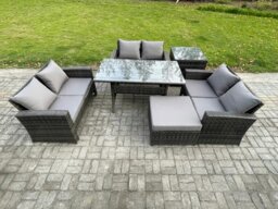 Rackhams 7 Seater Rattan Wicker Garden Furniture Patio Conservatory Sofa Set Indoor Outdoor with Dining Table Double Seat Sofa Big Footstool Side Table - thumbnail 1