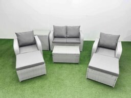 Rackhams Light Grey PE Wicker Rattan Garden Furniture Set Sofa Set Reclining Adjustable Chair Rectangular Coffee Table 6 Seater 3 Big Stools Side Table - thumbnail 1