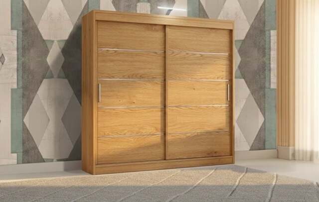Rackhams Stylish Bedroom Sliding Wardrobe with LED Light - comes in White/Grey/Black/Oak and Width 120cm/150cm/180cm/203cm/250cm - 203cm - Oak - Modern - image 1