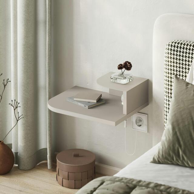 Rackhams Floating Bedside Table Modern Corner Design Nightstand 30cm Wall-mounted w/ LED Lamp in 3-tones for Bedroom - Sandstone - image 1