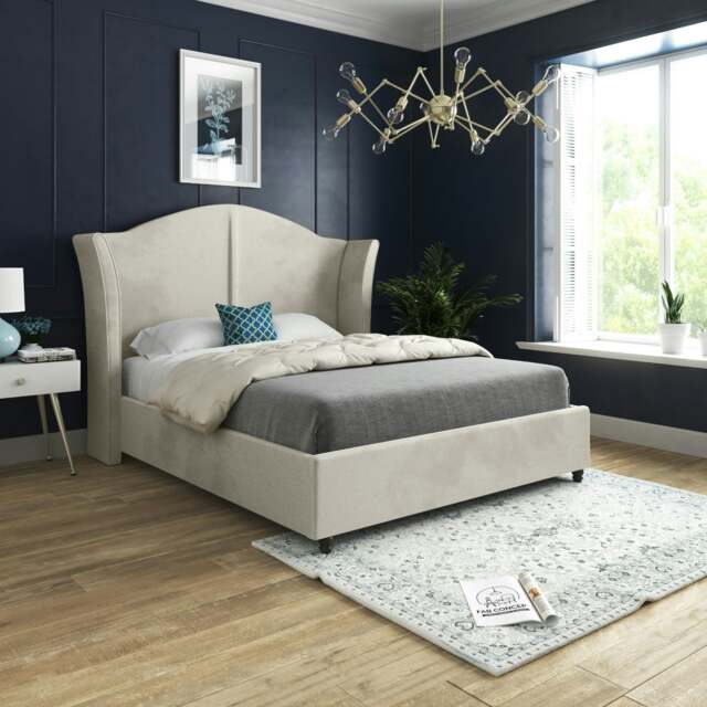 Rackhams Volta Straight Winged Upholstered Soft Velvet Bed Frame - Blue - Silver - Single - image 1