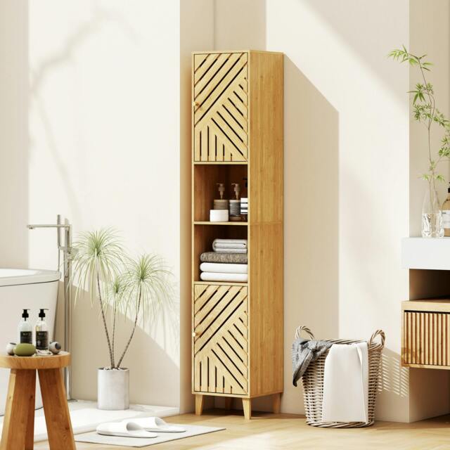 Rackhams Tall Bathroom Cabinet with Open Compartments and Adjustable Shelves - Natural wood finish - image 1