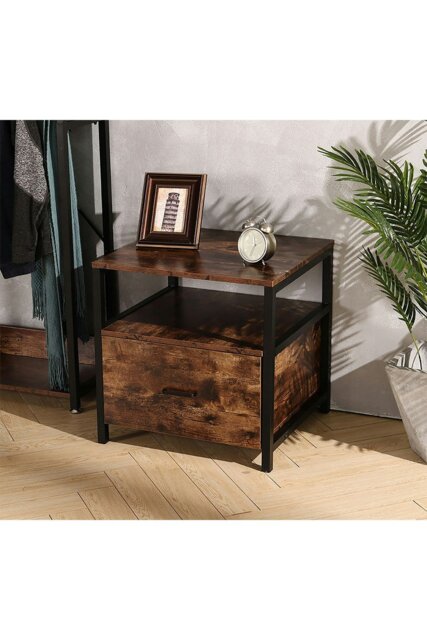 Rackhams 45cm W x 45cm D x 56cm H Industrial 1 Drawer Bedside Table Bedroom - Brown - image 1
