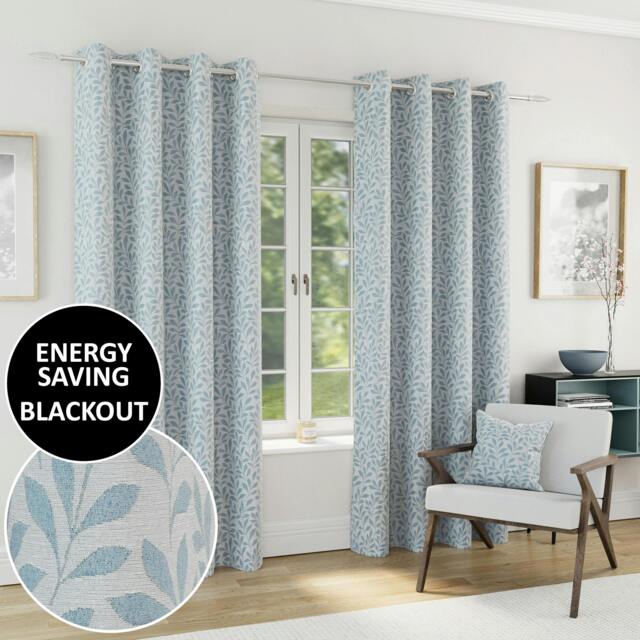 "Rackhams Ice Blue 100% Blackout Jacquard Leaf Curtains - Thermal/Energy Saving Pair with Eyelets For Living Room & Bedrooms - 46"" (117cm) Width x 72"" (183cm) Drop" - image 1