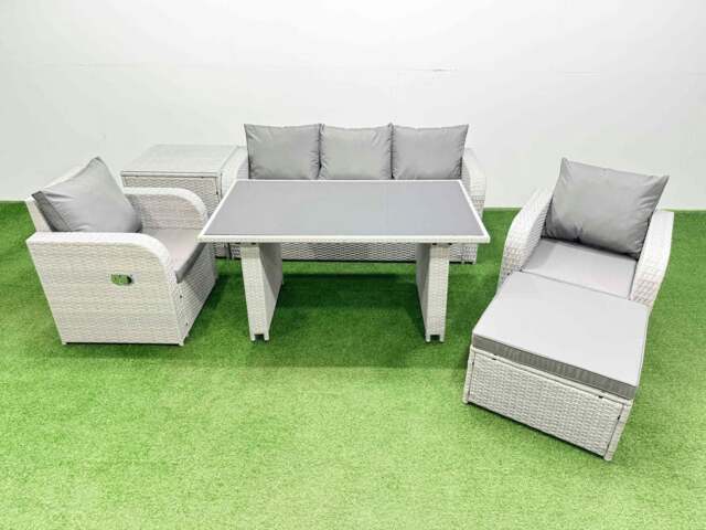 Rackhams Outdoor Rattan Garden Furniture Dining Set 6 seater Patio Rectangular Table 3 Seater Sofa Reclining Chair Set with Side Table Big Stool - image 1