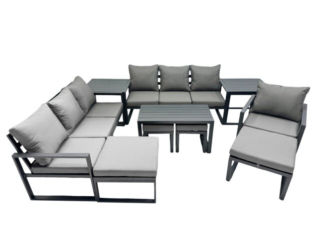 Rackhams Outdoor Garden Furniture Set Aluminium Lounge 3 Seat Sofa Oblong Coffee Table Sets with Chair 4 Stools 2 Side Tables Dark Grey - image 1