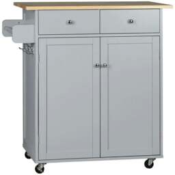Rackhams Rolling Kitchen Island on Wheels, Utility Serving Cart with Rubber Wood Top, Towel Rack, Hooks and Storage Drawers, Grey - thumbnail 1