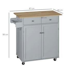 Rackhams Rolling Kitchen Island on Wheels, Utility Serving Cart with Rubber Wood Top, Towel Rack, Hooks and Storage Drawers, Grey - thumbnail 3