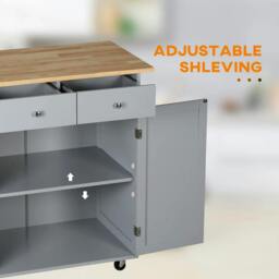 Rackhams Rolling Kitchen Island on Wheels, Utility Serving Cart with Rubber Wood Top, Towel Rack, Hooks and Storage Drawers, Grey - thumbnail 6