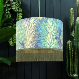 Rackhams Emerald Enchanted Wood Velvet Lampshade With Gold Lining and Fringing - Ceiling Pendant / Arc Lamp - 40cm diameter x 25cm height / 16 x 10 - thumbnail 2