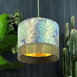 Rackhams Emerald Enchanted Wood Velvet Lampshade With Gold Lining and Fringing - Ceiling Pendant / Arc Lamp - 40cm diameter x 25cm height / 16 x 10