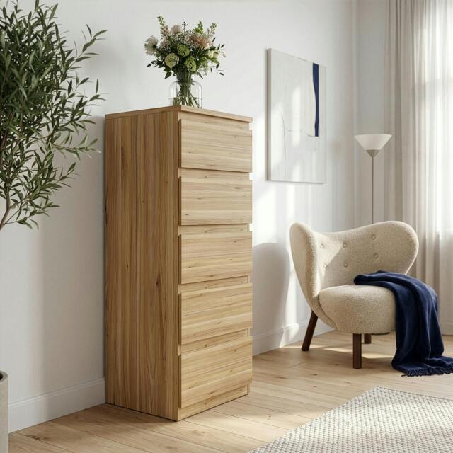Rackhams Edmore 5 Drawer Tall Narrow Chest in Mauvella Oak - Standard - Mauvella Oak - Manufactured Wood - image 1