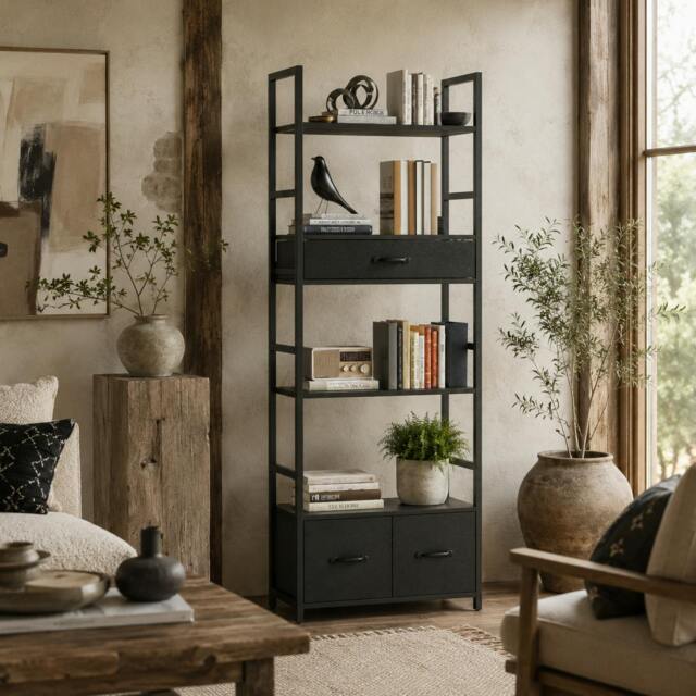 Rackhams Laro Metal And Wood Grey And Black Industrial Bookcase With 4 Shelves And Fabric Drawers - image 1