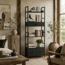 Rackhams Laro Metal And Wood Grey And Black Industrial Bookcase With 4 Shelves And Fabric Drawers