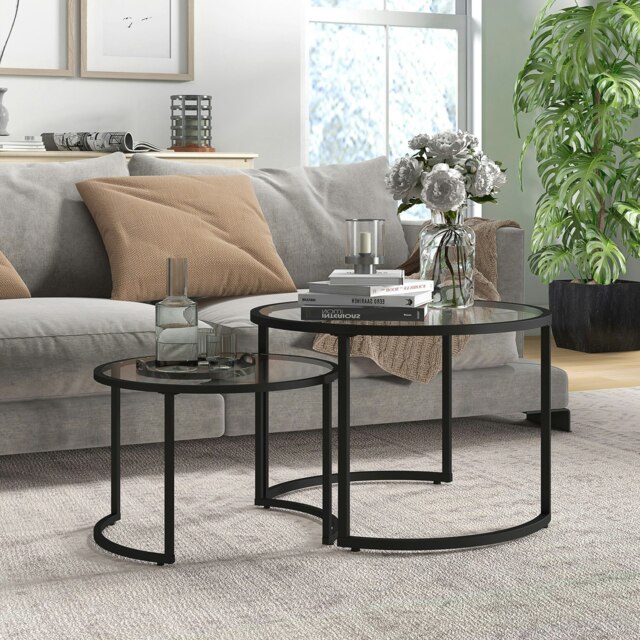 Rackhams Glass Coffee Table Set of 2, Round Nest of Tables, Black - Black - image 1