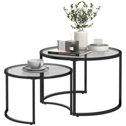 Rackhams Glass Coffee Table Set of 2, Round Nest of Tables, Black - Black - thumbnail 2