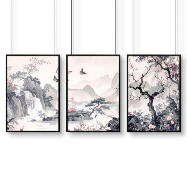 Rackhams Wall Art For Living Room Large - Set of 3 Chinoiserie Wall art Prints - 20 x 30 in / 50 x 76 cm - Matte Museum Quality Art Paper 290 gsm - Black Frame - image 1