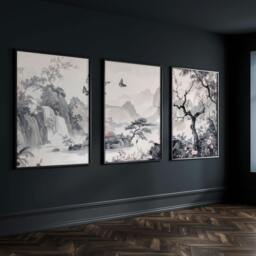 Rackhams Wall Art For Living Room Large - Set of 3 Chinoiserie Wall art Prints - 20 x 30 in / 50 x 76 cm - Matte Museum Quality Art Paper 290 gsm - Black Frame - thumbnail 6
