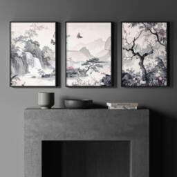 Rackhams Wall Art For Living Room Large - Set of 3 Chinoiserie Wall art Prints - 20 x 30 in / 50 x 76 cm - Matte Museum Quality Art Paper 290 gsm - Black Frame - thumbnail 4