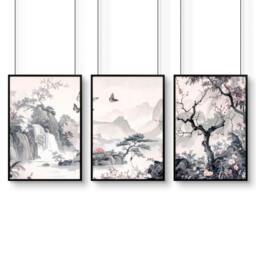 Rackhams Wall Art For Living Room Large - Set of 3 Chinoiserie Wall art Prints - 20 x 30 in / 50 x 76 cm - Matte Museum Quality Art Paper 290 gsm - Black Frame