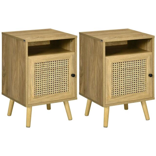 Rackhams Bedside Table with Rattan Element, Side End Table with Shelf and Cupboard, 39cmx35cmx60cm, Set of 2, Natural - image 1