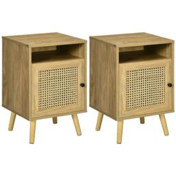 Rackhams Bedside Table with Rattan Element, Side End Table with Shelf and Cupboard, 39cmx35cmx60cm, Set of 2, Natural - thumbnail 1