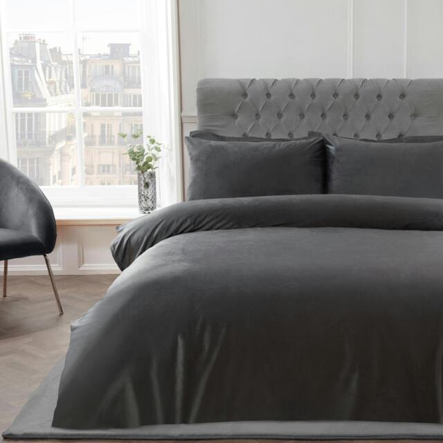 Rackhams Luxury Soft & Elegant Matte Velvet Duvet Cover Set with Pillowcases- Charcoal - Double (200cm x 200cm)