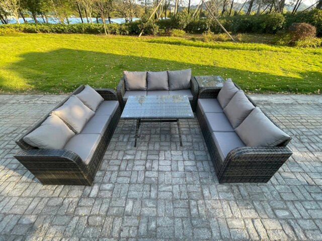 Rackhams 9 Seater Wicker Rattan Garden Furniture Set with Rectangular Dining Table Side Table Patio Outdoor Lounge Sofa Set - image 1