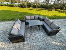 Rackhams 9 Seater Wicker Rattan Garden Furniture Set with Rectangular Dining Table Side Table Patio Outdoor Lounge Sofa Set - thumbnail 2