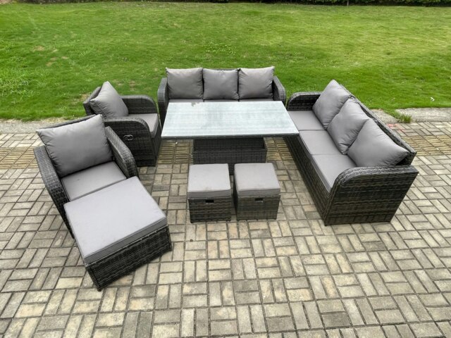 Rackhams Dark Grey Mixed PE Rattan Outdoor Dining Set - Height Adjustable Lifting Table, Reclining Chair & 3 Footstools - image 1
