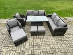 Rackhams Dark Grey Mixed PE Rattan Outdoor Dining Set - Height Adjustable Lifting Table, Reclining Chair & 3 Footstools - thumbnail 2