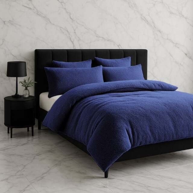 Rackhams Teddy Bear Fleece Duvet Cover & Pillow Case Set - Double - Navy - image 1
