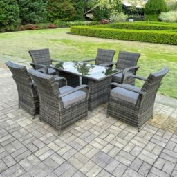 Rackhams Outdoor Rattan Dining Set with 6 Wicker Chairs & Rectangular Black Glass Table - Dark Grey - thumbnail 1