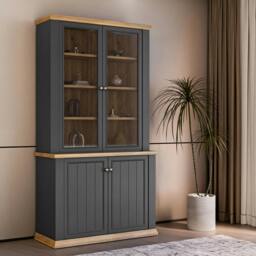 Rackhams Pontypool 4 Door Display Cabinet in Grey and Mauvella Oak - Matt - Grey & Oak - W 109.1 X  H 202.1 X  D 43.3cm