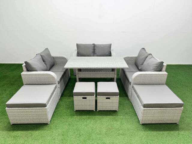 Rackhams PE Rattan Lounge Sofa Set 10 Seater Outdoor Garden Furniture Set with Dining Table Love Sofa 2 Big Footstools 2 Small Stool Light Grey - image 1