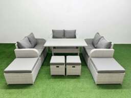 Rackhams PE Rattan Lounge Sofa Set 10 Seater Outdoor Garden Furniture Set with Dining Table Love Sofa 2 Big Footstools 2 Small Stool Light Grey - thumbnail 1