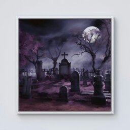 "Rackhams Witchs Moonlit Cemetery Design Framed Canvas - 30"" x 30"" - White"