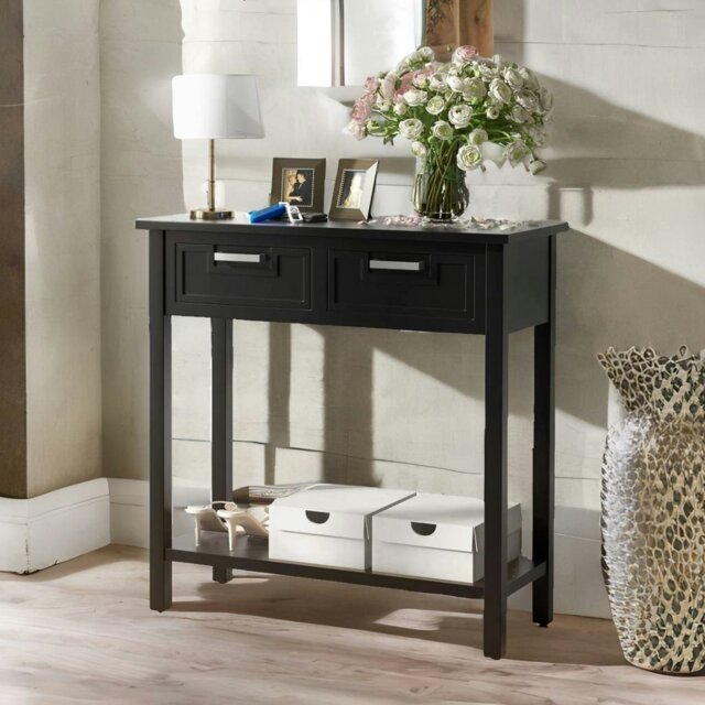 Rackhams Modern Wooden Console Table With 2 Drawers and Shelf Black - image 1