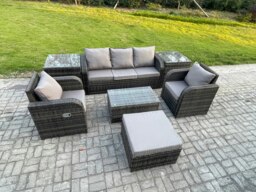Rackhams Outdoor Rattan Garden Furniture Set - Dark Grey Mixed Patio Lounge Sofa with Reclining Chair & Rectangular Coffee Table - thumbnail 2