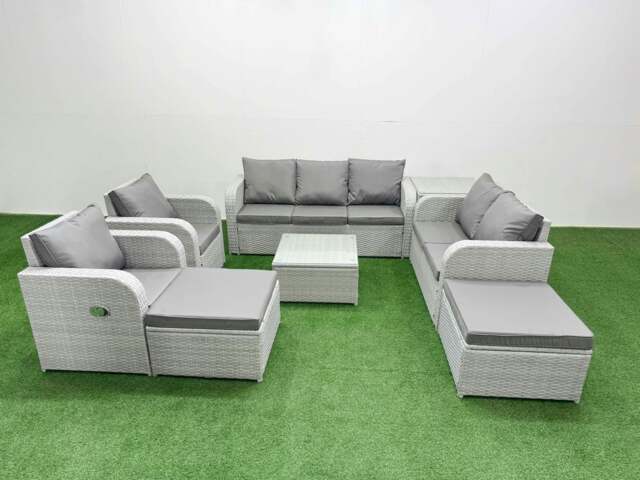 Rackhams Rattan Garden Furniture Set with 2 Recliner Chairs, 2 & 3 Seater Sofa, Square Coffee Table, 2 Big Footstools, Side Table - Light Grey - image 1