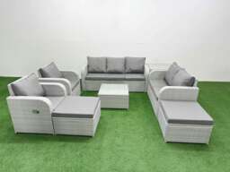 Rackhams Rattan Garden Furniture Set with 2 Recliner Chairs, 2 & 3 Seater Sofa, Square Coffee Table, 2 Big Footstools, Side Table - Light Grey - thumbnail 1