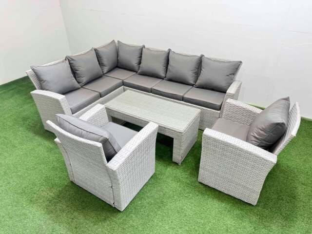 Rackhams Rattan Garden Furniture Set Outdoor 8 Seater Corner Sofa Sets with Oblong Coffee Table Chair Light Grey Mixed - image 1
