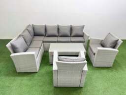 Rackhams Rattan Garden Furniture Set Outdoor 8 Seater Corner Sofa Sets with Oblong Coffee Table Chair Light Grey Mixed - thumbnail 2