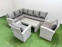 Rackhams Rattan Garden Furniture Set Outdoor 8 Seater Corner Sofa Sets with Oblong Coffee Table Chair Light Grey Mixed - thumbnail 1