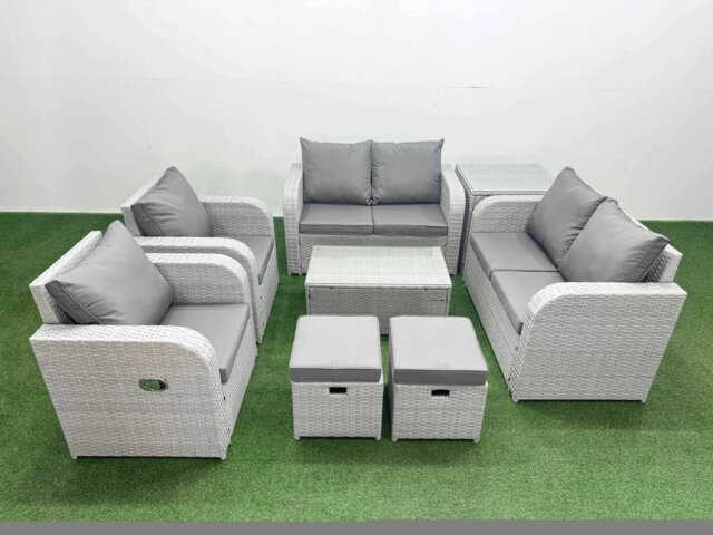 Rackhams 8 Seater Outdoor Reclining Chair Love Sofa Set Rattan Garden Furniture Set with Rectangular Coffee Table 2 Stools Side Table Light Grey - image 1